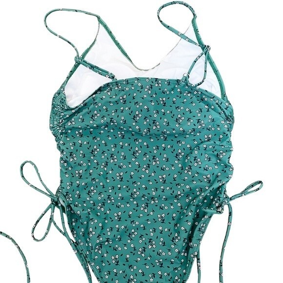 Romwe Green & White Floral Print Side Drawstring One Piece Swimsuit Size Large - Picture 7 of 15